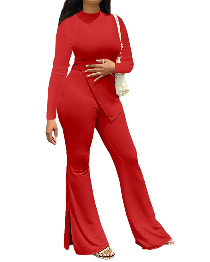 Women Solid Color Long Sleeve O Neck Irregular Fashion Pants Sets Two Pieces Outfit Red Light Green Black White Pink S-2XL