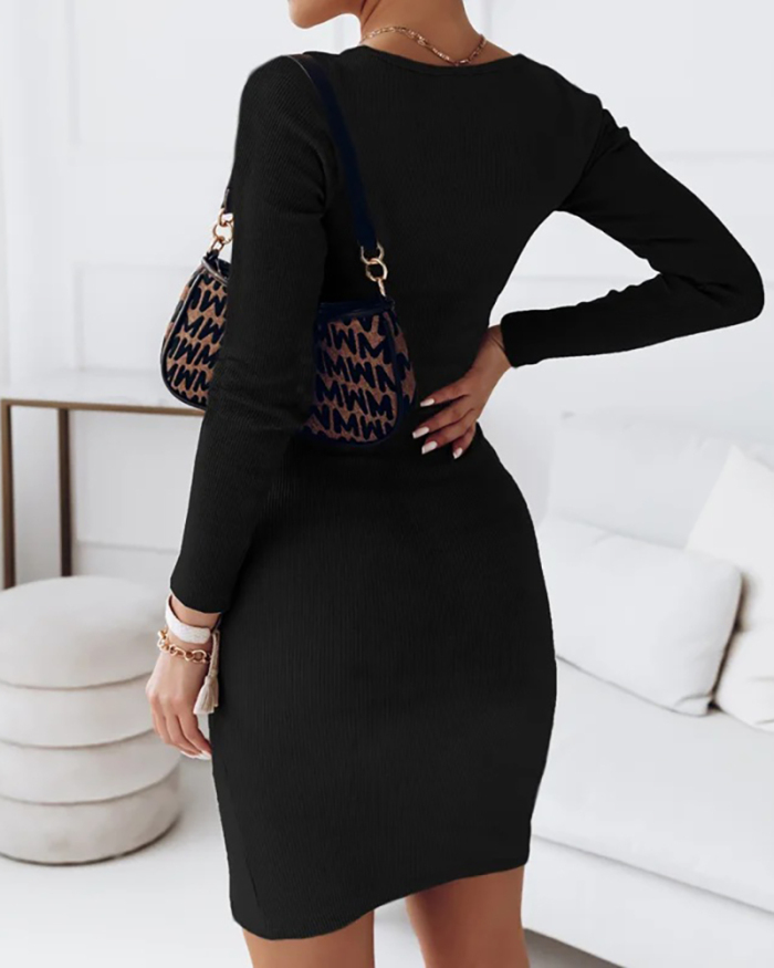 Trendy Long Sleeve Women Fall Hollow Out Solid Color  Midi Sweater Dresses Black White Sky Blue Purple Rosy Khaki S-2XL