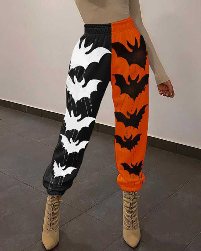 Street Hipster Loose Sports Black Orange Print Colorblock Casual Women's Pants S-2XL
