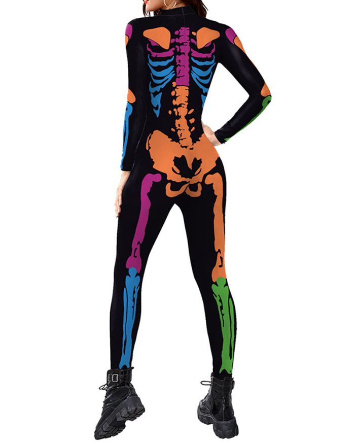 Long Sleeve Skull Printed Sexy Jumpsuit Halloween Costume