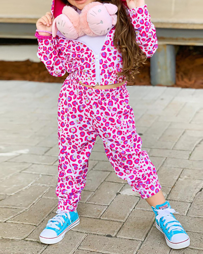 Kids New Casual Fashion Pink Leopard Print Long-Sleeved Sports Hooded Two-Piece Set Pink 90-140cm