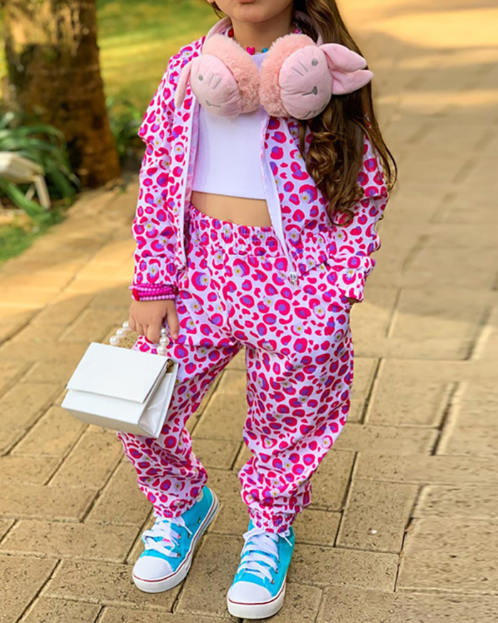 Kids New Casual Fashion Pink Leopard Print Long-Sleeved Sports Hooded Two-Piece Set Pink 90-140cm