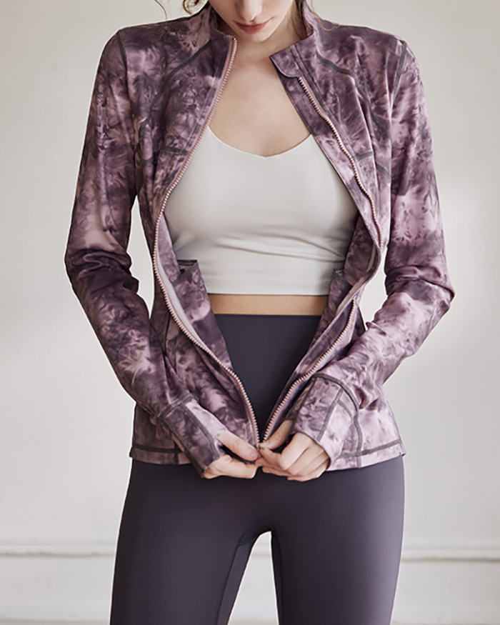 Women Autumn Winter New Tie-Dye Yoga Clothes Jacket Fashion Temperament Running Fitness Long-Sleeved Zipper Cardigan S-XL