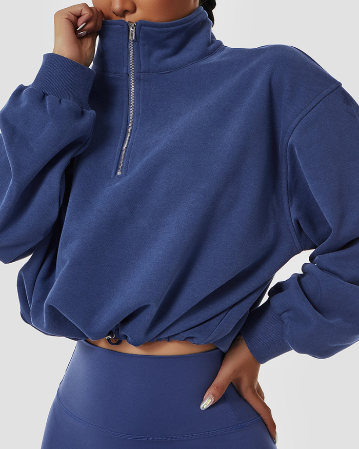 Pullover High-Neck Fitness Sports Sweater Women's Outdoor Running Drawstring Zipper Loose Long-Sleeved Sweater Women Brown Apricot Blue S-XL