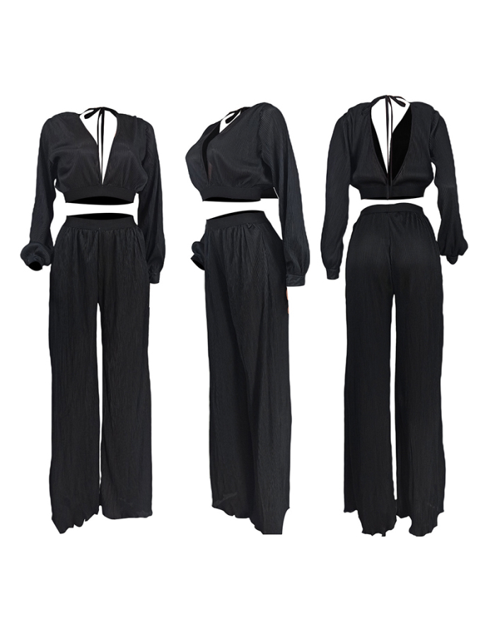 Women Long Sleeve V-neck Backless Fashion Pants Sets Two Pieces Outfit Black Redn Orange S-XL