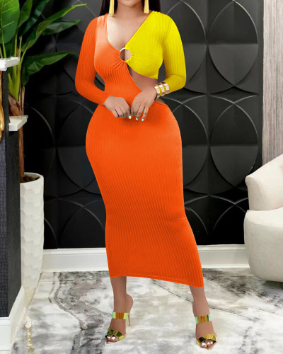 Women Fashion V-neck Long Sleeve Hollow Out Colorblock Maxi Dresses Black Purple Orange S-XL