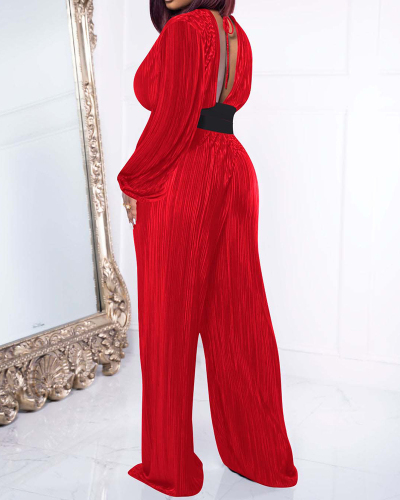 Women Long Sleeve V-neck Backless Fashion Pants Sets Two Pieces Outfit Black Redn Orange S-XL