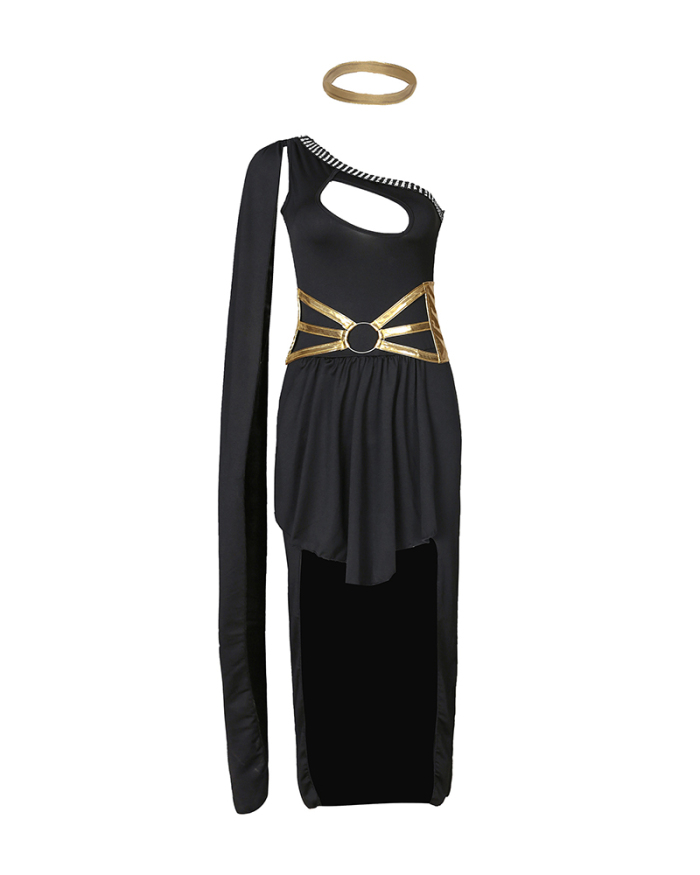 One Shoulder Greek Goddess Halloween Costume Cleopatra Themed Party Dress White Black S-XL