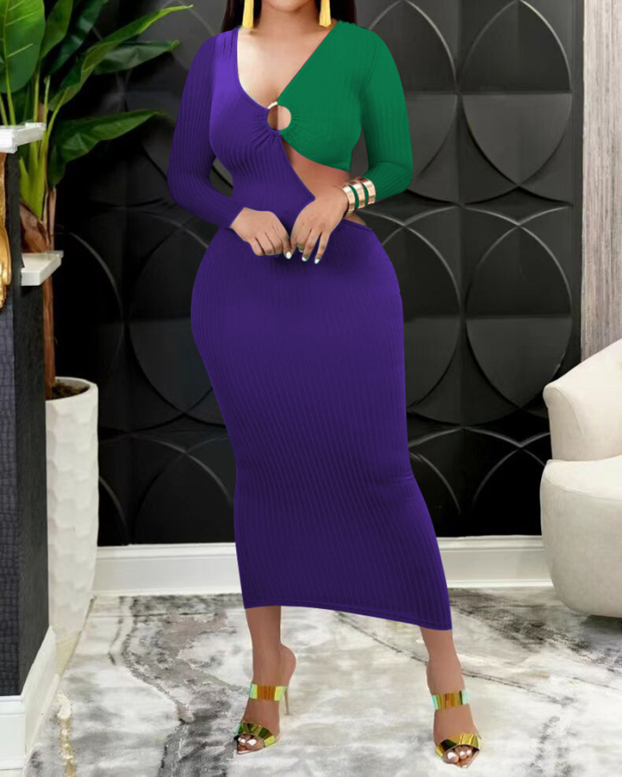 Women Fashion V-neck Long Sleeve Hollow Out Colorblock Maxi Dresses Black Purple Orange S-XL