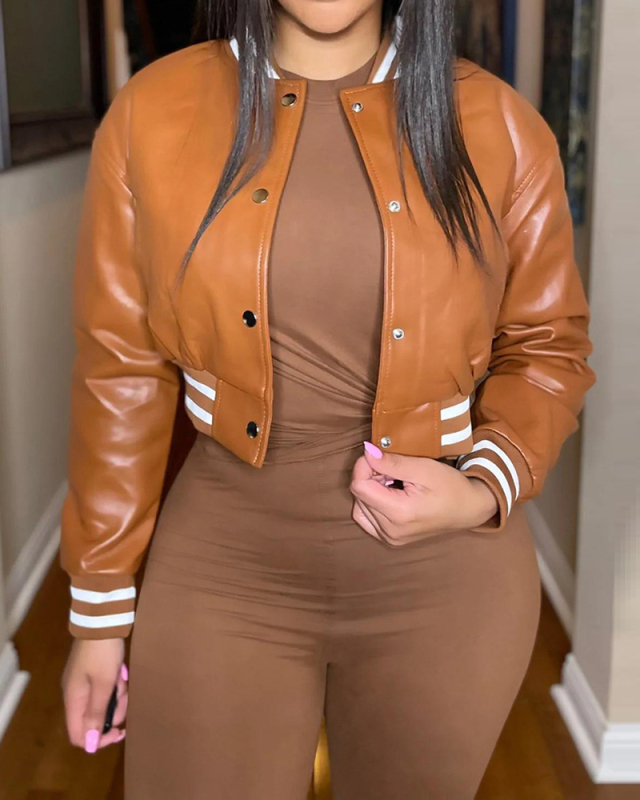 Fashion Women Long Sleeve PU Casual Baseball Jacket  S-2XL