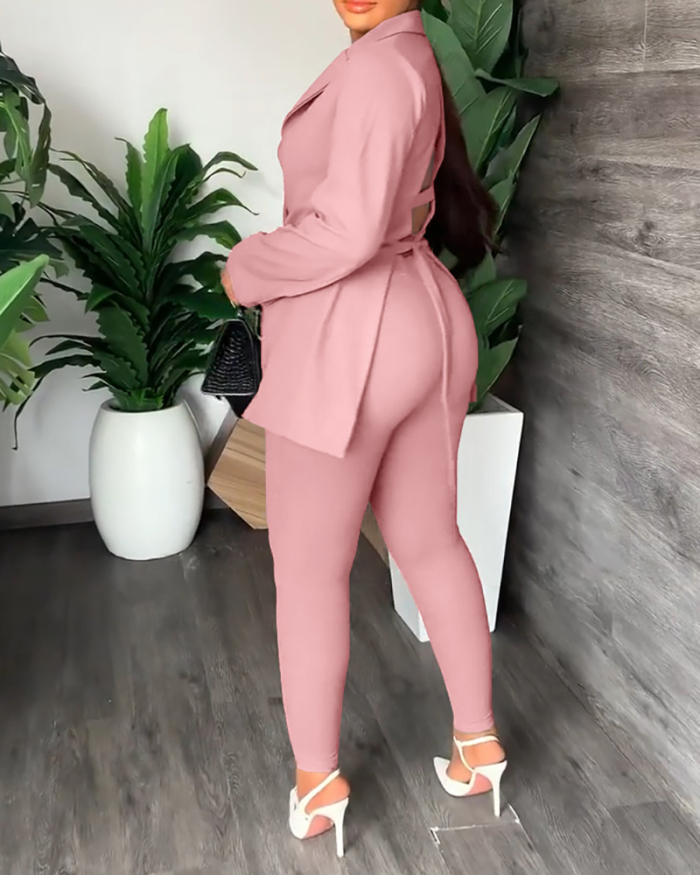 Women Long Sleeve Backless Turn Down Neck Suit Pants Sets Two Pieces Outfit Light Brown Black Pink S-2XL