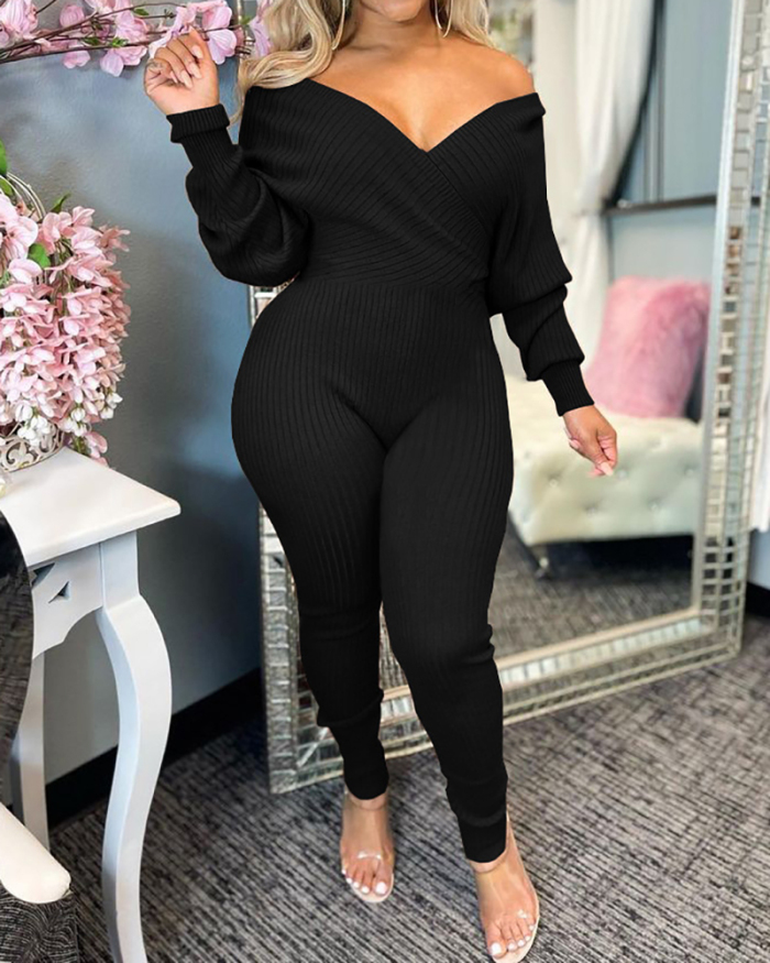 New Knit Deep V Neck Solid Color Long Sleeve Women Jumpsuits Black Wine Red Apricot Coffee Green Orange Sky Blue S-2XL