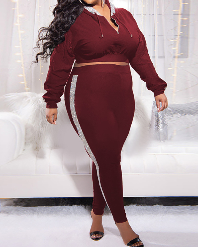 Women Long Sleeve Colorblock Hoodes Sports Pants Sets Plus Size Two Pieces Outfit Black Wine Red Navy Blue Dark Blue XL-5XL
