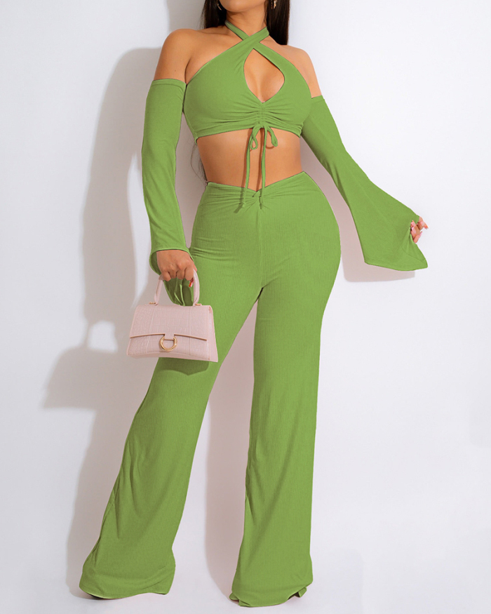 Women Solid Color Ruched Criss Cross Long Sleeve Pants Sets Two Pieces Outfit White Green Light Blue S-2XL