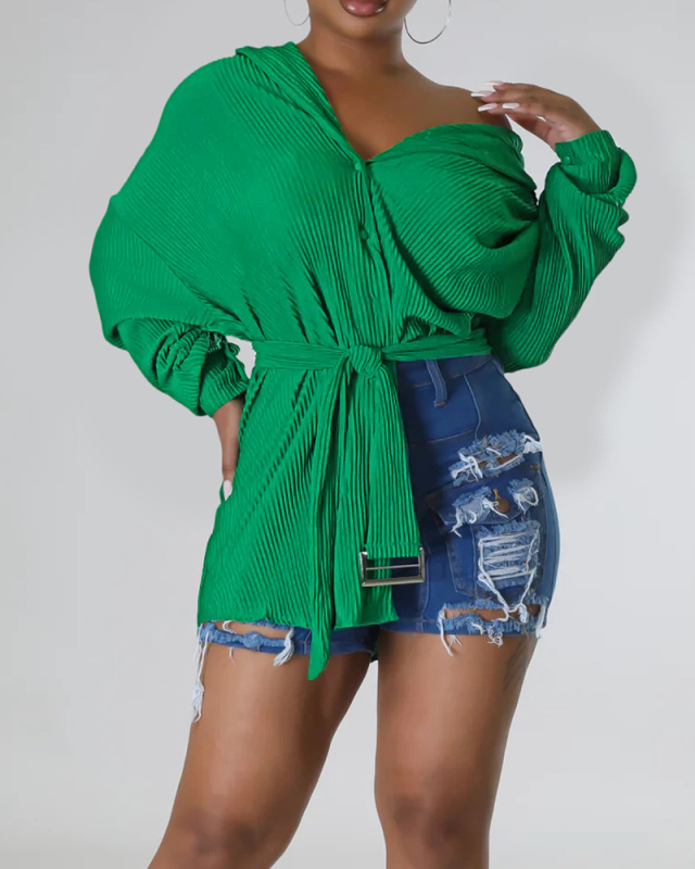 Fashion Women Ruched Long Sleeve Solid Color Lapel Belt Mini Shirt Dress Green Orange White Rosy Black S-2XL