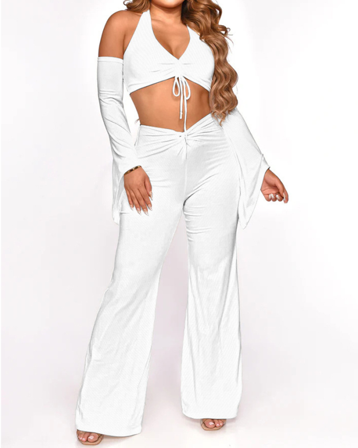 Women Solid Color Ruched Criss Cross Long Sleeve Pants Sets Two Pieces Outfit White Green Light Blue S-2XL