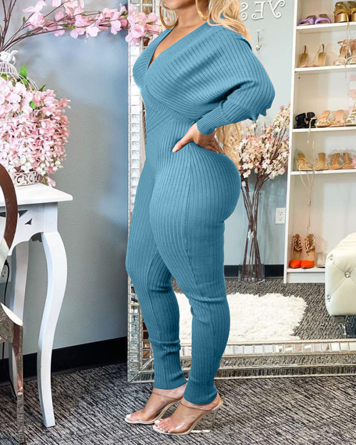 New Knit Deep V Neck Solid Color Long Sleeve Women Jumpsuits Black Wine Red Apricot Coffee Green Orange Sky Blue S-2XL