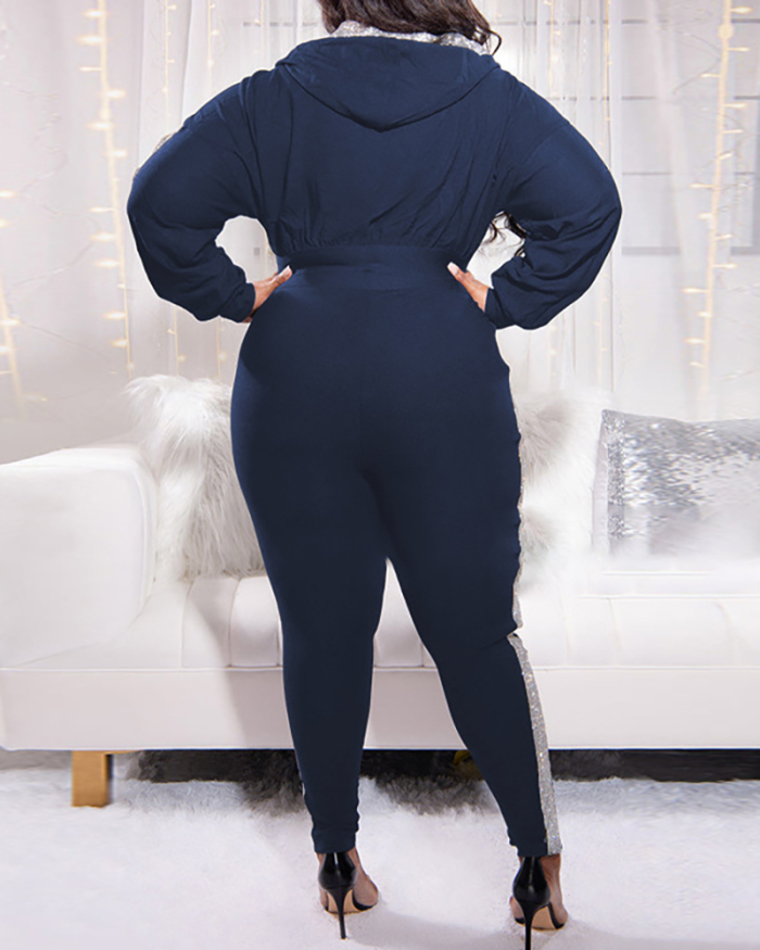 Women Long Sleeve Colorblock Hoodes Sports Pants Sets Plus Size Two Pieces Outfit Black Wine Red Navy Blue Dark Blue XL-5XL