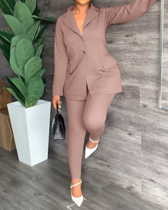 Women Long Sleeve Backless Turn Down Neck Suit Pants Sets Two Pieces Outfit Light Brown Black Pink S-2XL