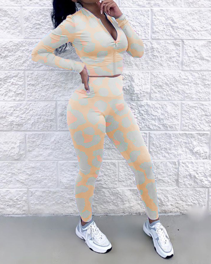 Women Sexy Camo Printed Sports Pants Sets Two Pieces Outfit Pink S-XL