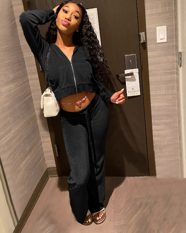 Fall&Winter Velvet Two Pieces Outfit Set Tracksuit S-XL