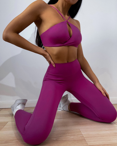 Halt Neck Sport Bra Ruched Slim Legging Yoga Two-piece Sets Red Purple Black Blue Khaki Red Orange S-L