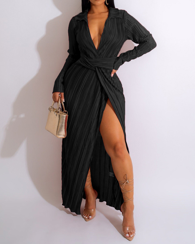 Autumn Long Sleeve Ruched High Slit Solid Color Lapel Women Casual Maxi Dresses Black Yellow Blue Red Purple S-2XL