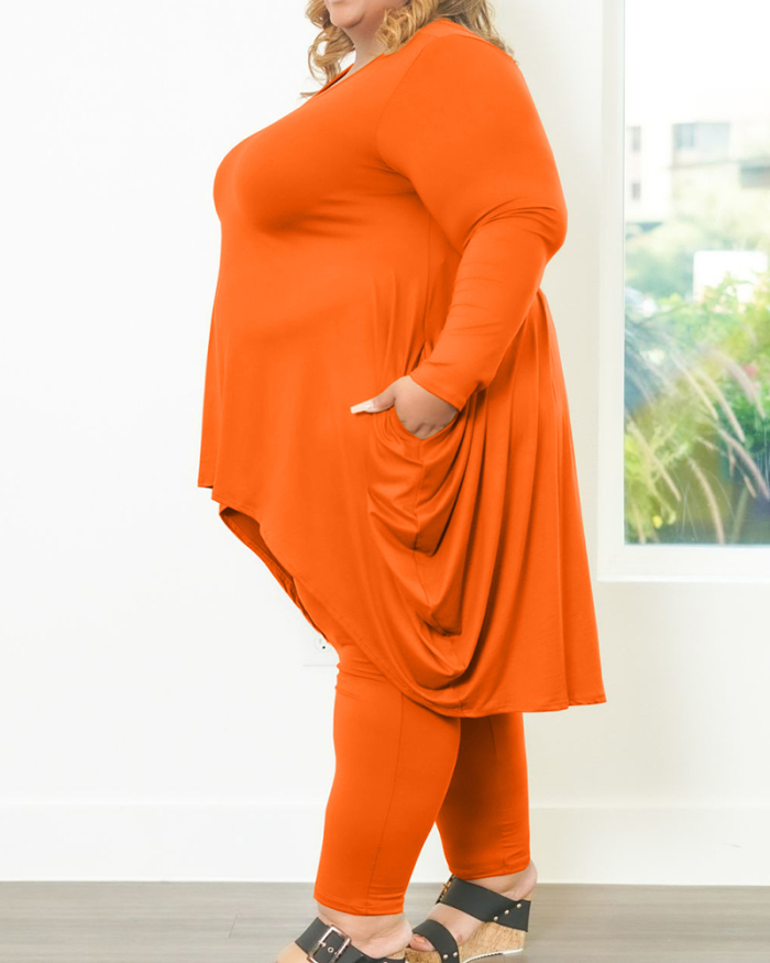 Women Long Sleeve Solid Color Irregular Hem Slim Pants Sets Plus Size Two Piece Sets Black Orange Army Green Brown XL-5XL