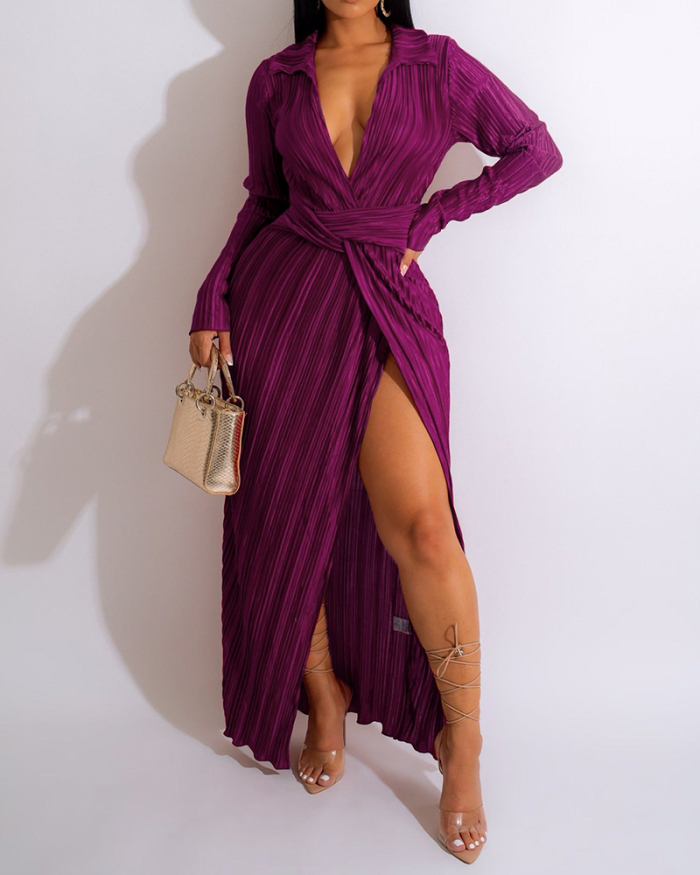 Autumn Long Sleeve Ruched High Slit Solid Color Lapel Women Casual Maxi Dresses Black Yellow Blue Red Purple S-2XL