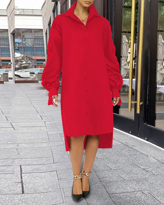Women Solid Color Shirt Dress Turn-down Collar Plus Size Dresses White Red Black S-4XL