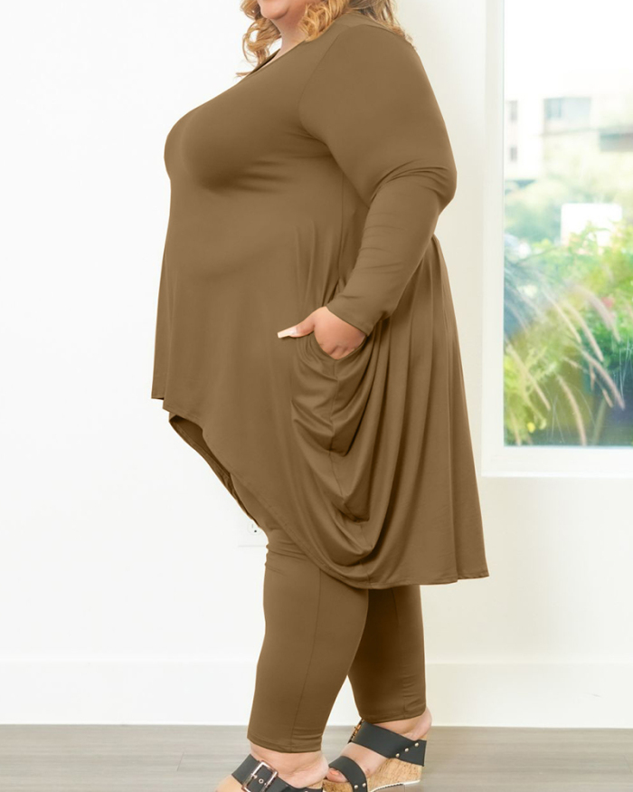 Women Long Sleeve Solid Color Irregular Hem Slim Pants Sets Plus Size Two Piece Sets Black Orange Army Green Brown XL-5XL
