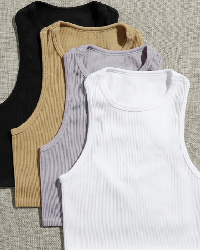 Women Short Sleeveless Solid Color Crew Neck Sports Vest S-L