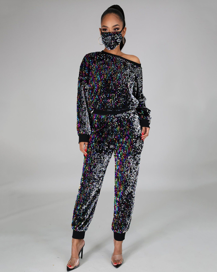 Woman Fashion Sequin Casual Party Long Sleeve Mask Plus Size Two Pieces Outfit White Colorful S-5XL