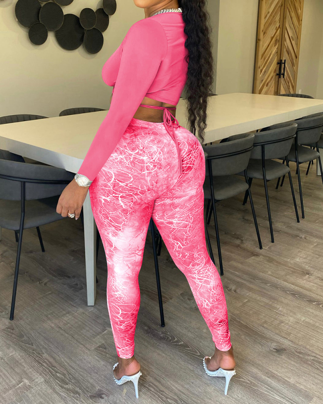Long Sleeve Autumn Deep v-neck Sexy Two Piece Pant Set S-XL