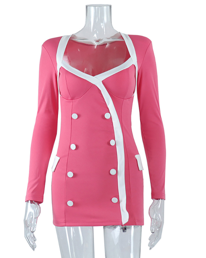Autumn New Square Neck Long Sleeve Elegant Double Duttons Slim Mini One-piece Dress Rosy Black S-L