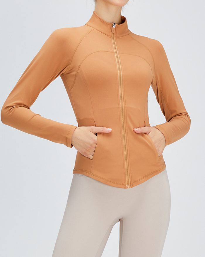 Women Solid Color Long Sleeve Stand Collar Patchwork Slim Yoga Coat S-XL