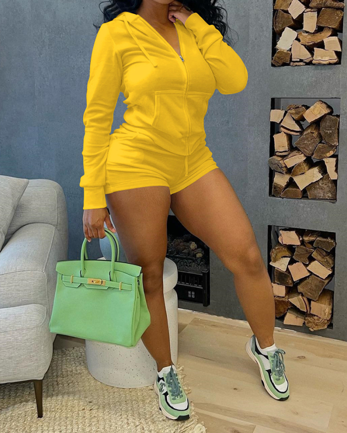 Women Stylish Hoodies Solid Color Long Sleeve Short Sets Two Pieces Outfit Rosy Yellow Green S-XL