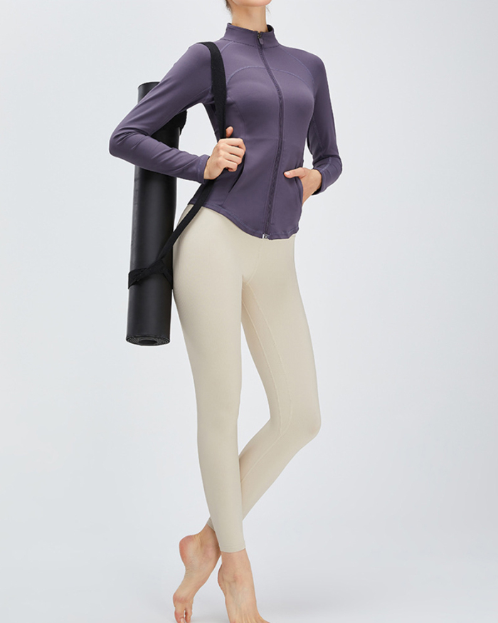Women Solid Color Long Sleeve Stand Collar Patchwork Slim Yoga Coat S-XL