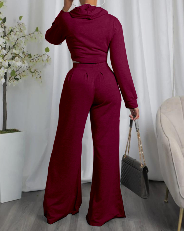Women Solid Color Long Sleeve Hooded Irregular Wide Leg Pants Sets Two Pieces Outfit Light Grey Black Wine Red Blue S-2XL