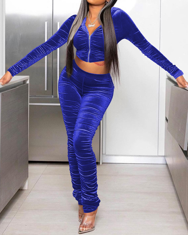 Solid Color Women Velvet Hooded Ruched Pants Sets Two Pieces Outfit Red Green Deep Brown Blue Gray S-XL