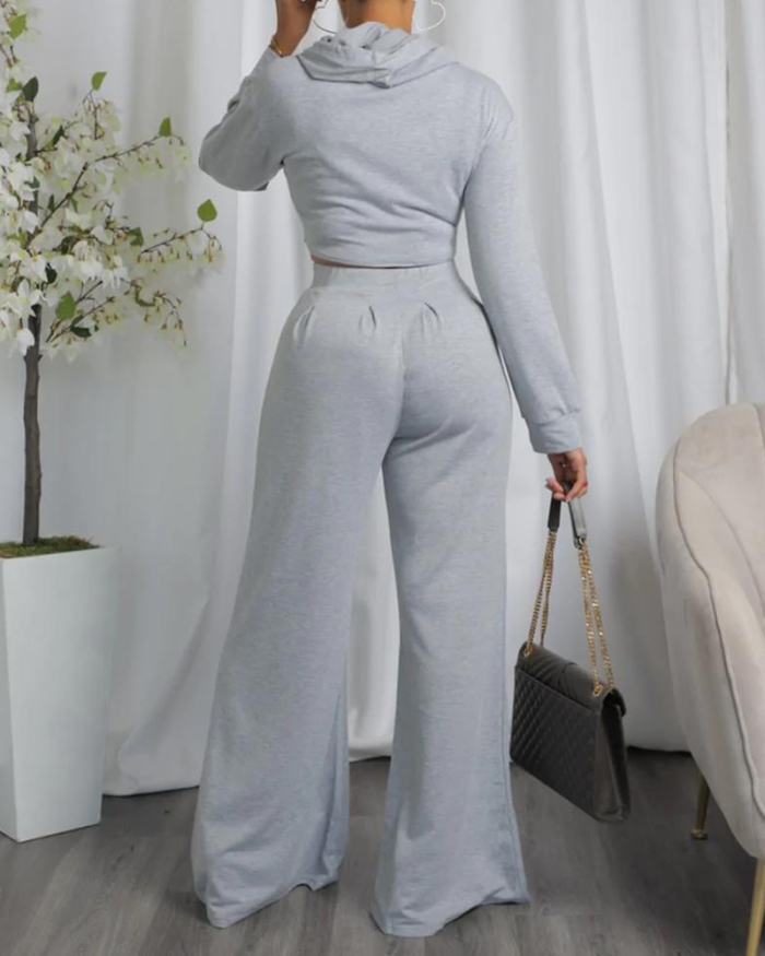 Women Solid Color Long Sleeve Hooded Irregular Wide Leg Pants Sets Two Pieces Outfit Light Grey Black Wine Red Blue S-2XL