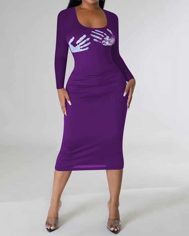 Fashion O Neck Long Sleeve Women Hand Printed Midi Bodycon Dresses Black Red Purple S-XL