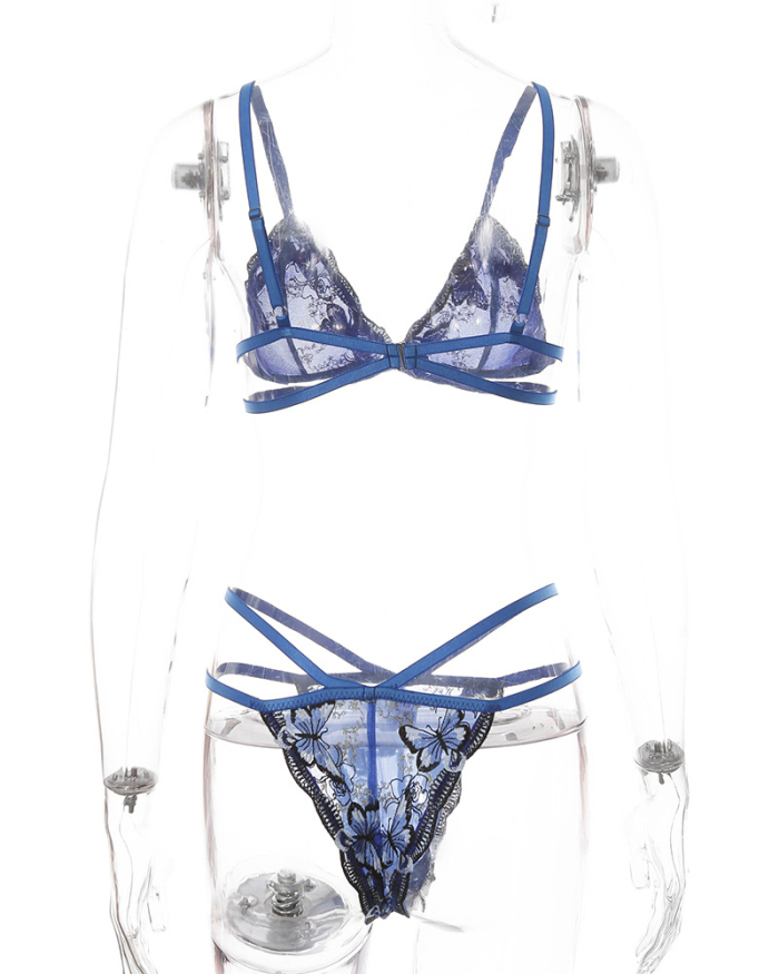 Women Sexy Strappy Butterfly Embroidery Lace Teddies Lingerie Blue S-L