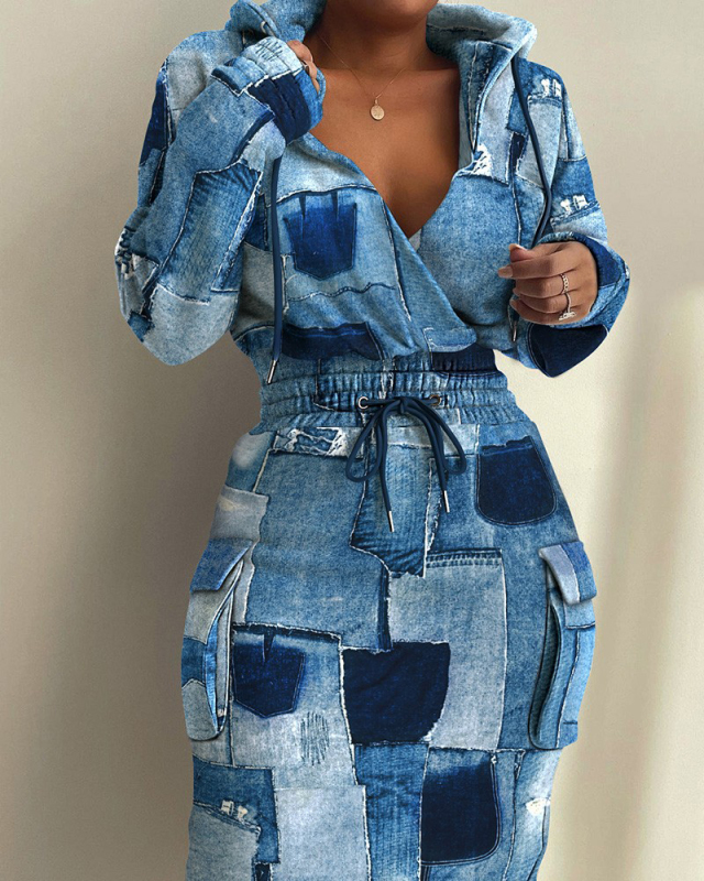 Long Sleeve Women Printed Fashion Hooded V-neck Midi Dresses Casual Dresses S-3XL