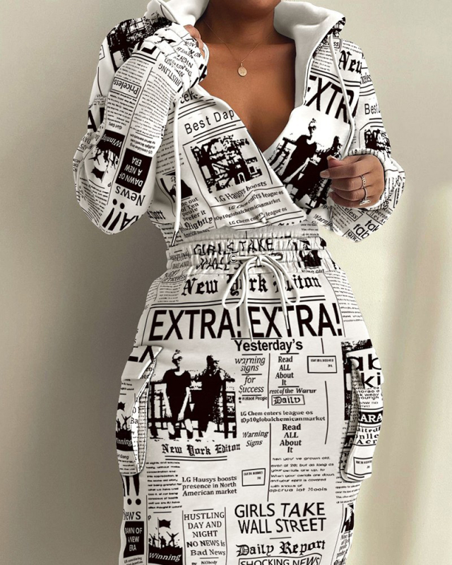 Long Sleeve Women Printed Fashion Hooded V-neck Midi Dresses Casual Dresses S-3XL