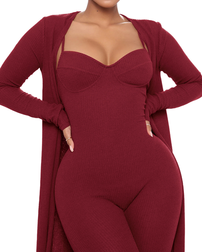Women Long Sleeve Solid Color Long Coat Slim Jumpsuit Pants Sets Two Pieces Outfit Black Green Wine Red S-2XL