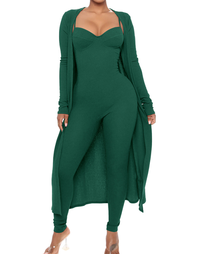 Women Long Sleeve Solid Color Long Coat Slim Jumpsuit Pants Sets Two Pieces Outfit Black Green Wine Red S-2XL