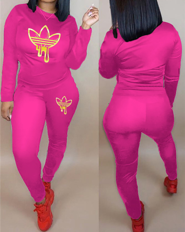 Women Fashion Printed Gradient Sport Long Sleeve Pants Sets Plus Size Two Piece Sets Black Wine Red Rosy Blue S-5XL