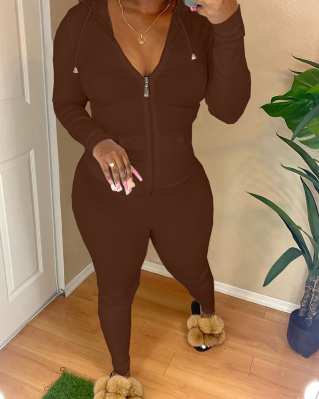 Women Long Sleeve Solid Color Slim Hoodies Pants Sets Two Pieces Outfit S-2XL