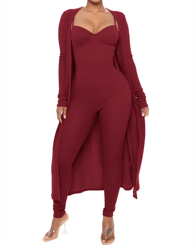 Women Long Sleeve Solid Color Long Coat Slim Jumpsuit Pants Sets Two Pieces Outfit Black Green Wine Red S-2XL
